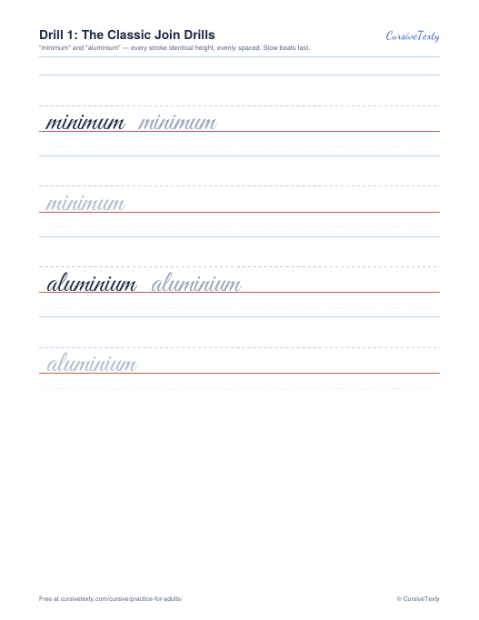 Cursive practice sheets for adults: join drill worksheet with minimum and aluminium on ruled lines