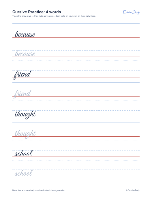 Make your own cursive worksheets: four spelling words on one generated practice sheet