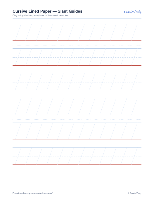Cursive lined paper printable with diagonal slant guides