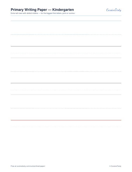 Primary writing paper printable: kindergarten lined paper with tall rows and dotted midline