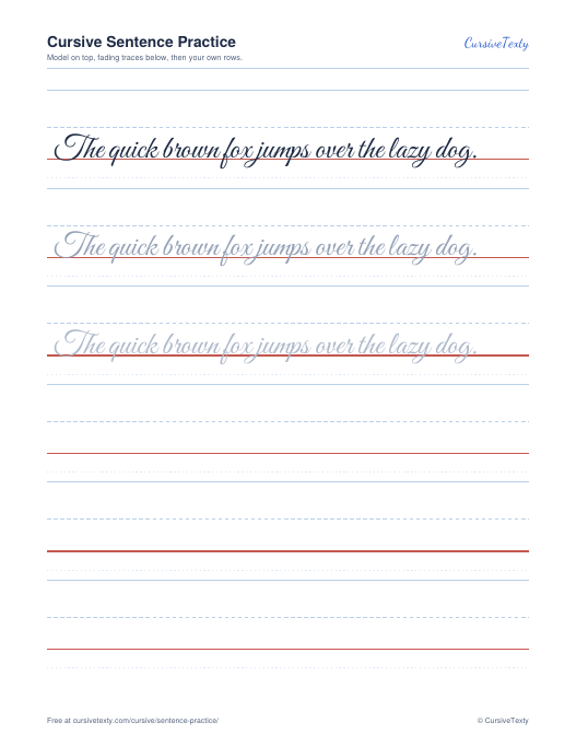 Cursive sentence practice worksheet: pangram with model row and fading traces on ruled lines