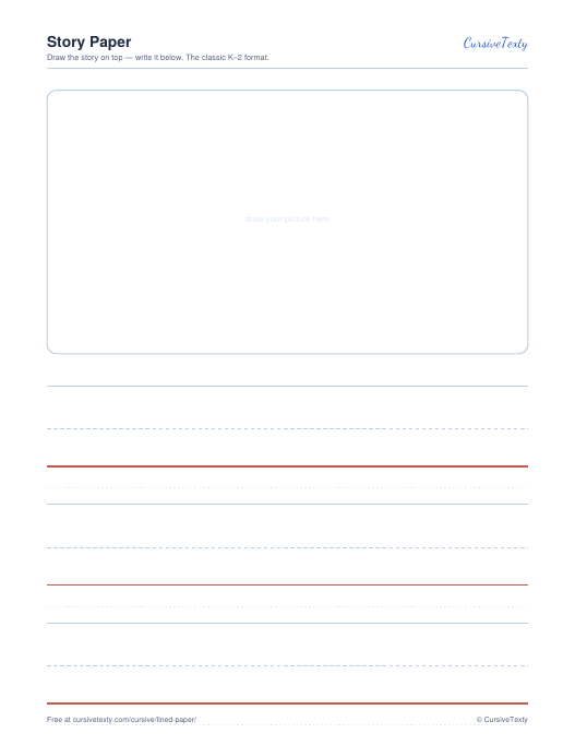 Story paper printable: blank drawing box on top with handwriting lines below